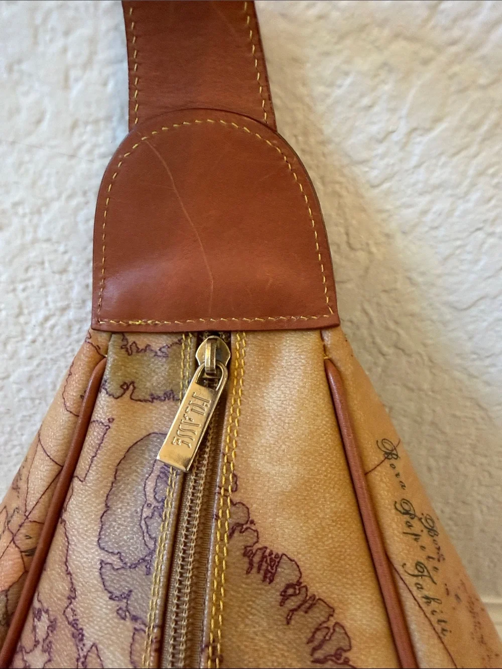Vintage Alviero Martini 1A Classe Tan Map-Print Leather Sling Shoulder Bag